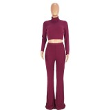 Solid Color Two Piece Knitted Crop Top and Pants Set