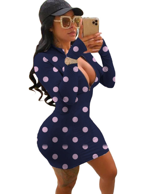 Dollar Print Sexy Zipper Bodycon Dress with Full Sleeves