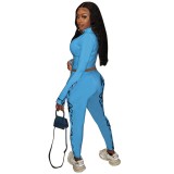Sports Fitness Print Zipper Crop Top and High Waist Legging Set