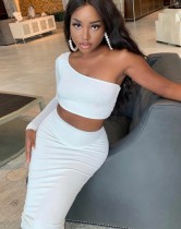 Solid Plain One Shoulder Crop Top with Matching Pencil Skirt Set