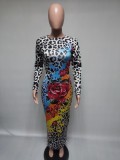 Floral Print Long Sleeve Leopard Midi Dress