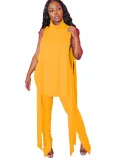 Sexy Two Piece Matching Side Slit Shirt and Stack Pants Set