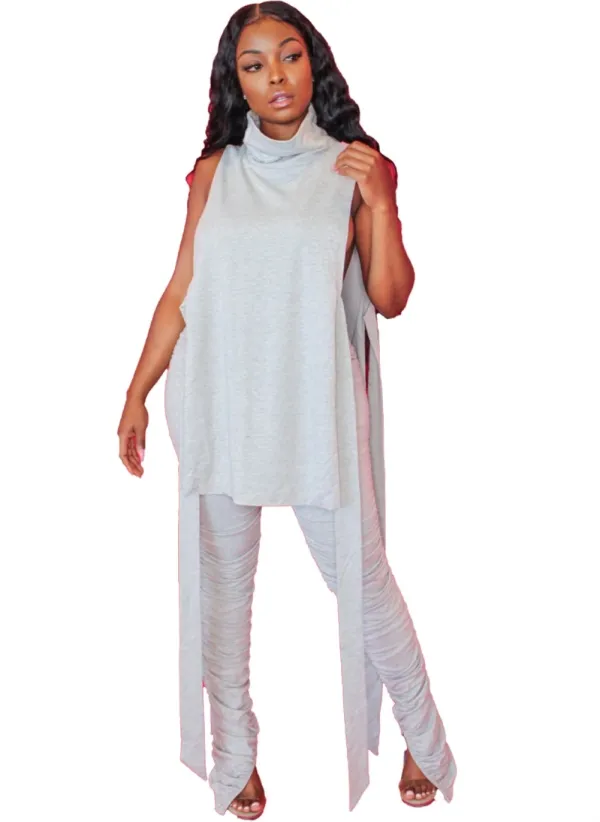 Sexy Two Piece Matching Side Slit Shirt and Stack Pants Set