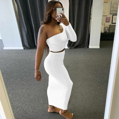 Solid Plain One Shoulder Crop Top with Matching Pencil Skirt Set