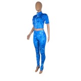 Sexy Two Piece Print Bodycon Zipper Crop Top and Matching Pants Set