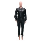 Black Leather Long Sleeve Jumpsuit with Belt