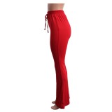 Solid Color High Waist Drawstring Flare Pants