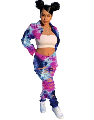 Street Style Tie Dye Ripped Denim Crop Top and Pants Set