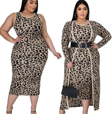 Plus Size Leopard Dress with Matching Long Cardigans
