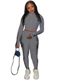 Sports Fitness Print Zipper Crop Top and High Waist Legging Set