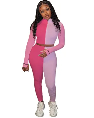 Sports Fitness Knitted Contrast Crop Top and Pants Set