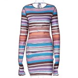 Sexy Colorful Stripes Long Sleeve Mini Club Dress