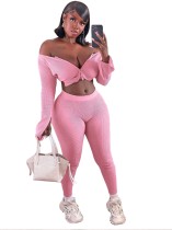 Sexy Two Piece Knitted Zipper Crop Top and Pants Set