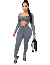 Print Cut Out Sexy Long Sleeve Bodycon Jumpsuit