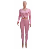 Sexy Two Piece Knitted Zipper Crop Top and Pants Set