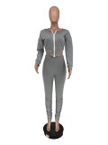 Sexy Grey Two Piece Zipper Hoody Crop Top with Matching Stack Pants