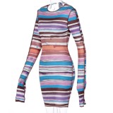 Sexy Colorful Stripes Long Sleeve Mini Club Dress
