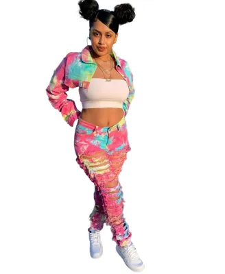 Street Style Tie Dye Ripped Denim Crop Top and Pants Set