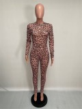 Leopard Print See Through Sexy Bodycon Jumpsuit with Full Sleeves