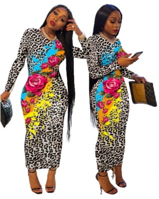 Floral Print Long Sleeve Leopard Midi Dress