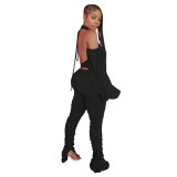 Solid Plain Matching Sexy Puff Sleeve Backless Crop Top and Stack Pants Set