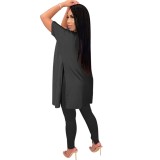 Solid Plain Slit Long Shirt with Matching Ruched Legging Set