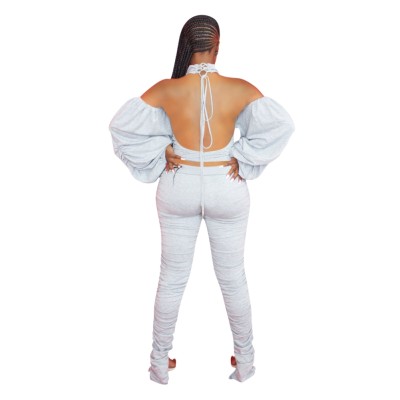 Solid Plain Matching Sexy Puff Sleeve Backless Crop Top and Stack Pants Set