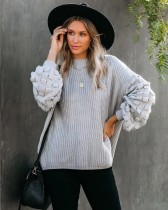 Solid Plain Round Neck Loose Sweater with Detailed Sleeves