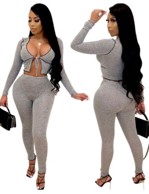 Grey Two Piece Bodycon Tied Crop Top and High Waist Pants Set
