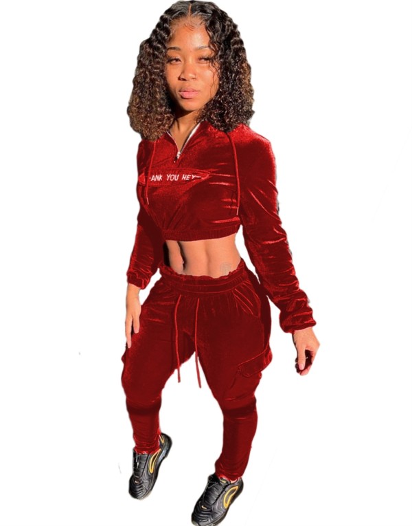 Autumn Hoody Crop Top and Pants Velvet Tracksuit