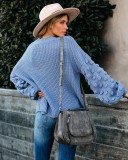 Solid Plain Round Neck Loose Sweater with Detailed Sleeves