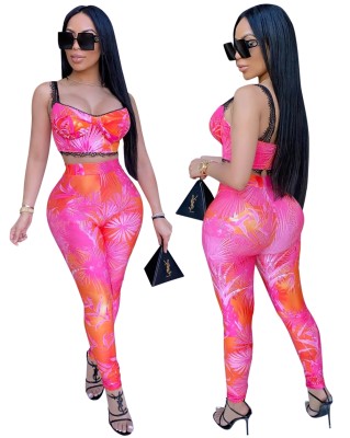 Print Two Piece Bodycon Crop Top and High Waist Pants Set