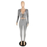 Grey Two Piece Bodycon Tied Crop Top and High Waist Pants Set