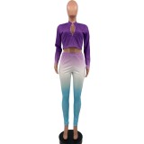 Autumn Matching Two Piece Gradient Tight Shirt and Pants Set