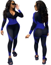 Sports Fitness Contrast Long Sleeve Zipper Yoga Jumpsuit