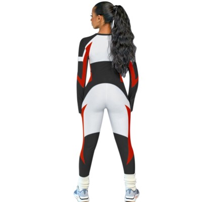 Sports Fitness Contrast Long Sleeve Bodycon Jumpsuit
