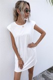 Summer Solid Plain O-Neck Regular Shirt Dress