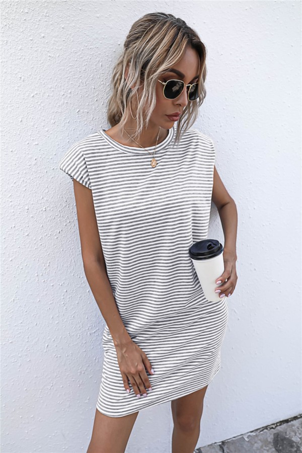 Summer Stripes Print O-Neck Regular Shirt Dress