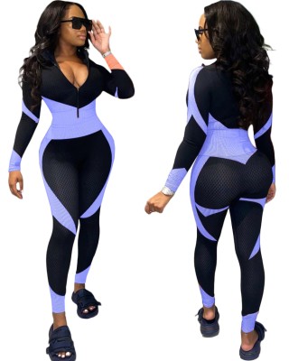 Sports Fitness Contrast Long Sleeve Zipper Yoga Jumpsuit