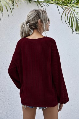 Autumn Solid Plain Knitted Loose Shirt with Pop Sleeves