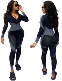 Sports Fitness Contrast Long Sleeve Zipper Yoga Jumpsuit