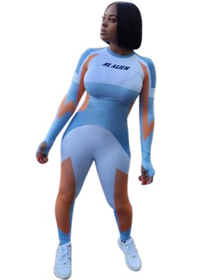 Sports Fitness Contrast Long Sleeve Bodycon Jumpsuit