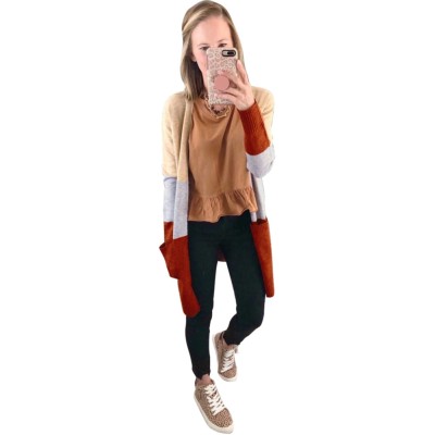 Autumn Contrast Color Regular Pocket Cardigans with Full Sleeves