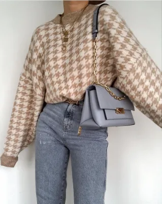 Autumn Winter Houndstooth Print Pullover Round Neck Sweater
