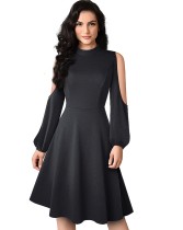Solid Plain Retro O-Neck Skater Dress with Cut Out Sleeves