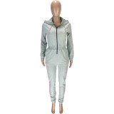 Autumn Solid Plain Casual Zip Up Hoody Jumpsuit