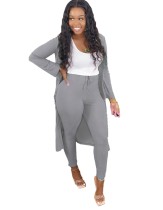 Solid Plain Knitted Pants and Long Cardigan Set