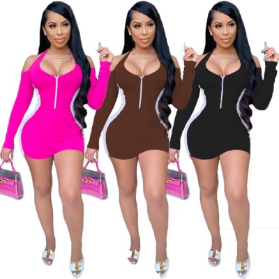 Contrast Color Cut Out Shoulder Zipper Bodycon Dress