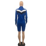 Plus Size Stripes Top and Shorts Zipper Tracksuit