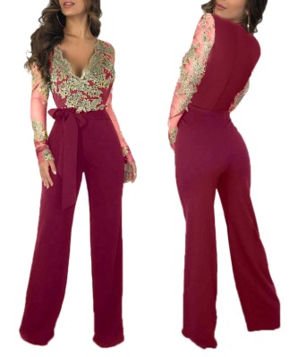 Occassional Applique V-Neck Formal Jumpsuit with Full Sleeves